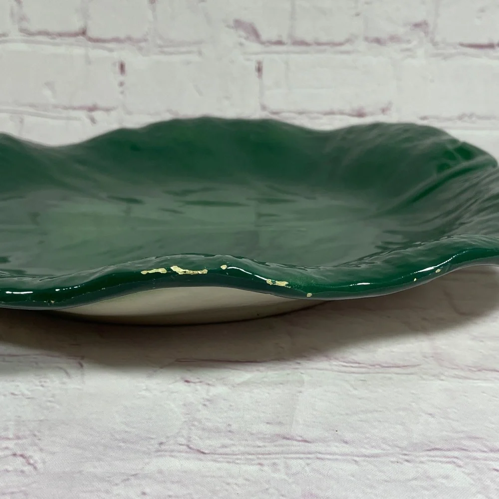 Vintage Italian Green Leaf-Shaped Ceramic Serving Platter